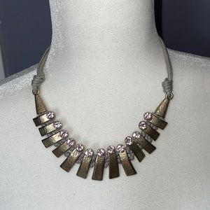 Gray, gold hammered pink stone statement necklace